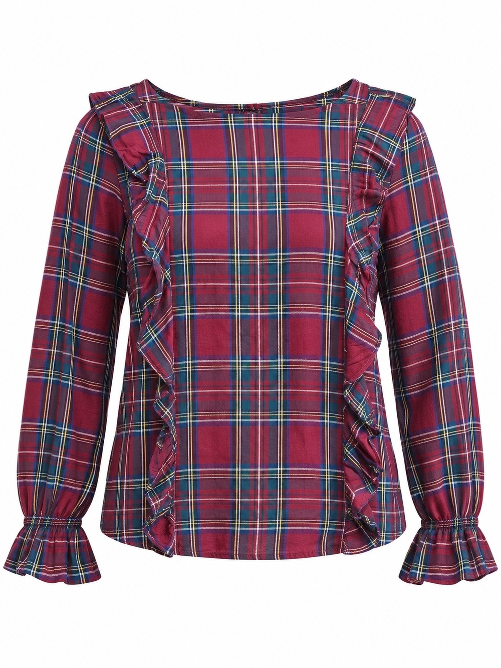 SANCTUARY | Millie Cherrywine Tartan Plaid Ruffle Long Sleeve Blouse Top | S
